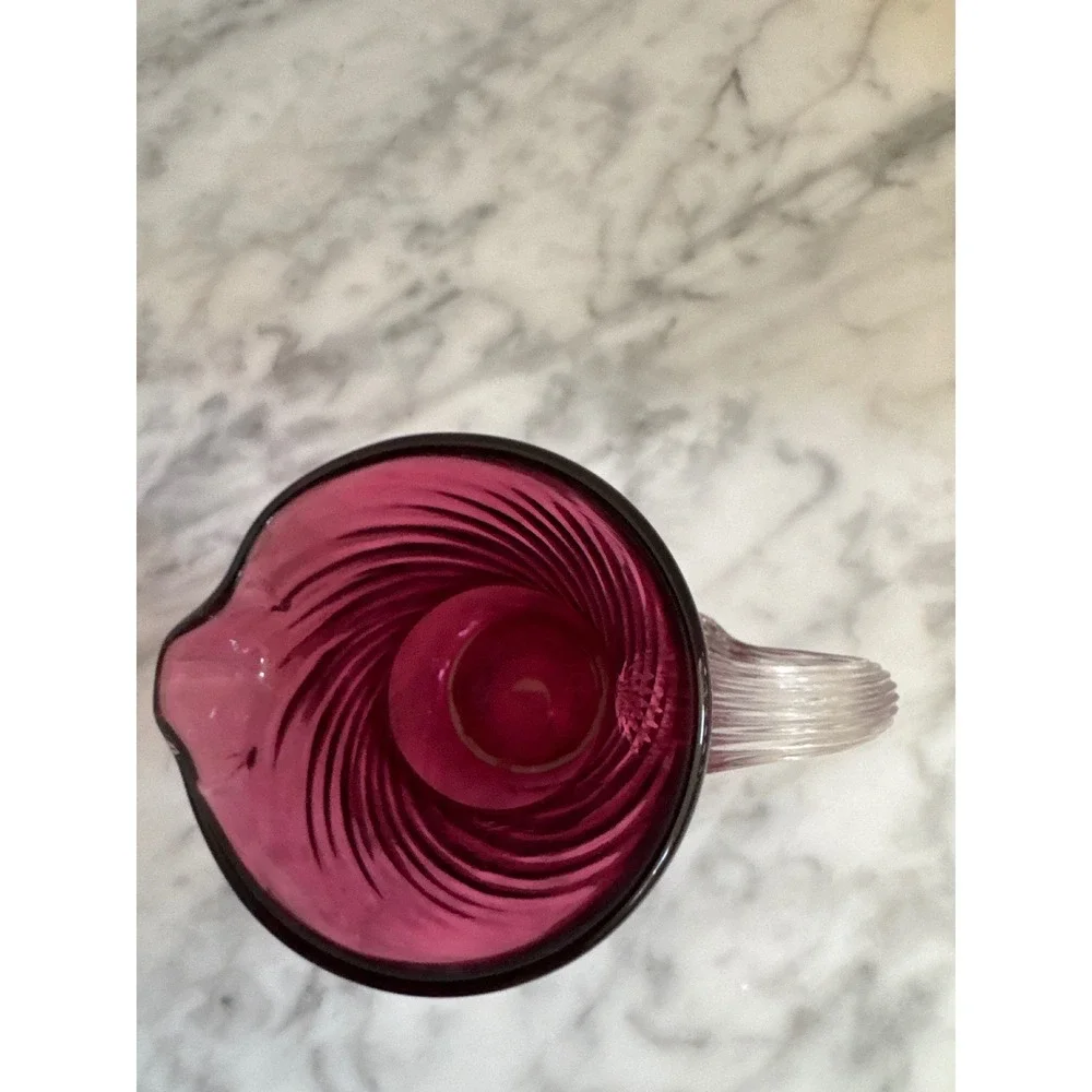 Vintage Cranberry Glass Pitcher Hand Blown Optic Swirl Ruby Red Clear Handle 4in